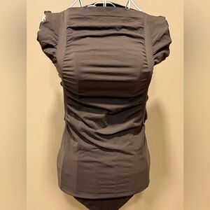 Wolford Ruched Bodysuit Brown Cap Sleeve Boat Neck Stretch Top XS